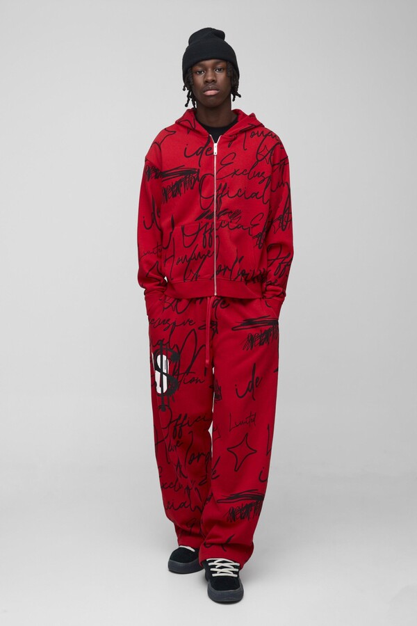 boohoo Mens Red Oversized Boxy All Over Graffiti Zip Through