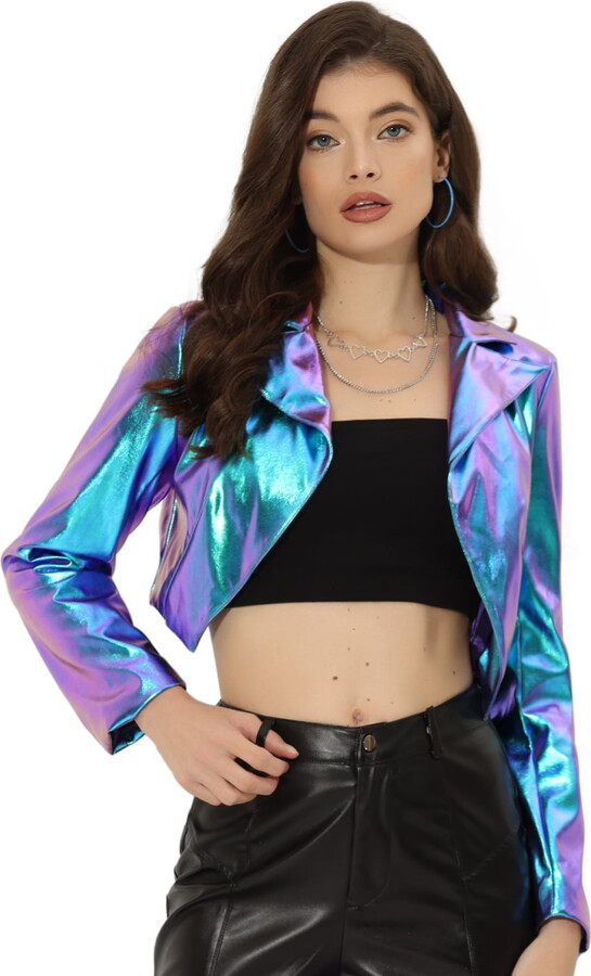 Unique Bargains Women’s Fashion Long Sleeve Metallic Holographic Shiny Fashion Jacket XL Blue Purple