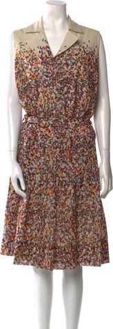 Akris Punto Floral Print Midi Length Dress Akris Punto Wrap Dress Neutrals Floral Print Pleated Accents Sleeveless with Cowl Neck Concealed Zip Closure at Side Designer