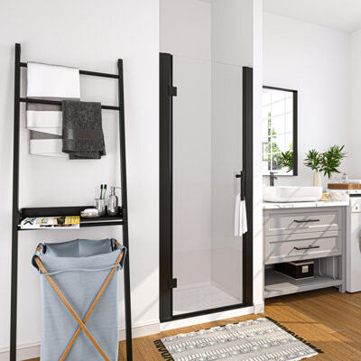 TOOLKISS 30'' W x 72'' H Frameless Hinged Shower Door with Clear Glass in Matte Black Finish