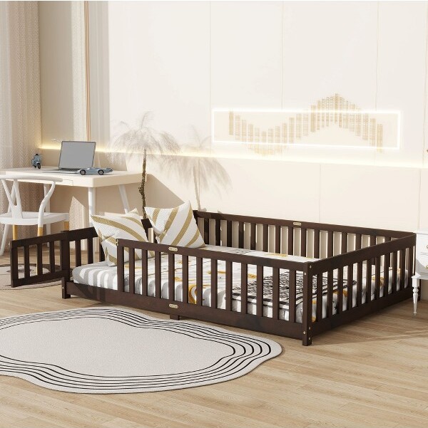 PAGEDFullSizeKidsBedFrameRubberWoodFloorBedwithSafetyGuardrails&DoorRichEspresso