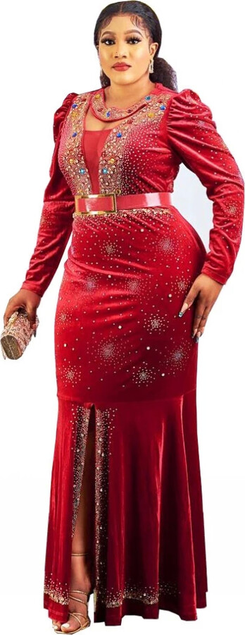 Chamliforve Maxi Dress Luxury Hot Diamonds Beaded Round Neck Long Sleeve Dress Gold Velvet Dress African Fashion Women 2022 New