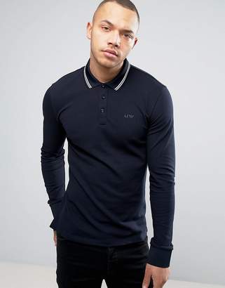 Armani Jeans Long Sleeve Pique Polo Slim Fit Tipped In Navy