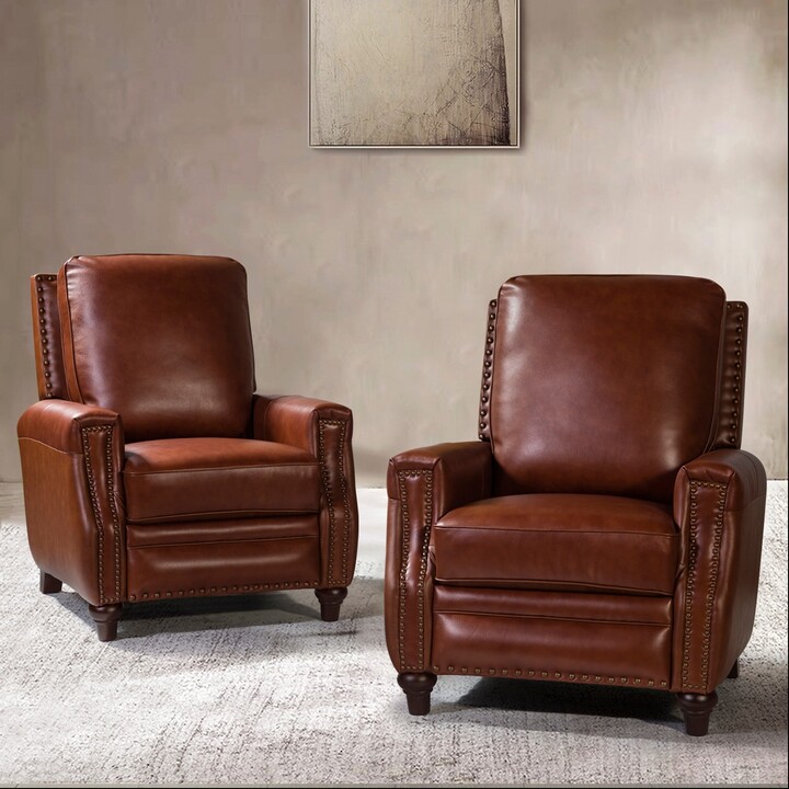 Cigar Midcentury Genuine Leather Recliner with Nailhead Trim Set of 2