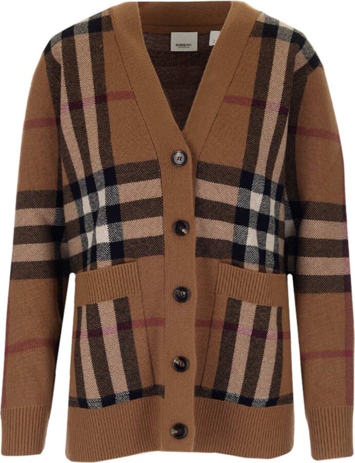 Burberry Wool Tan Jacquard Check Willah Cardigan in Brown Womens Clothing Jumpers and knitwear Cardigans 