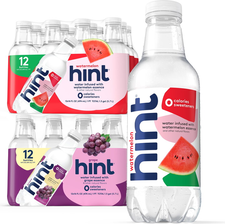Hint Bottled Water, 2-Flavor Grape & Watermelon Pack - Purified Water Beverages with Zero Calories, Natural Flavors, and Sugar Free - 16 Fl Oz (Pack of 24)