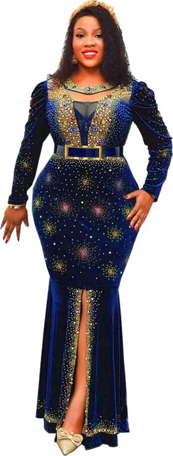 Maxi Dress Luxury Hot Diamonds Beaded Round Neck Long Sleeve Dress Gold Velvet Dress African Fashion Women 2025 New