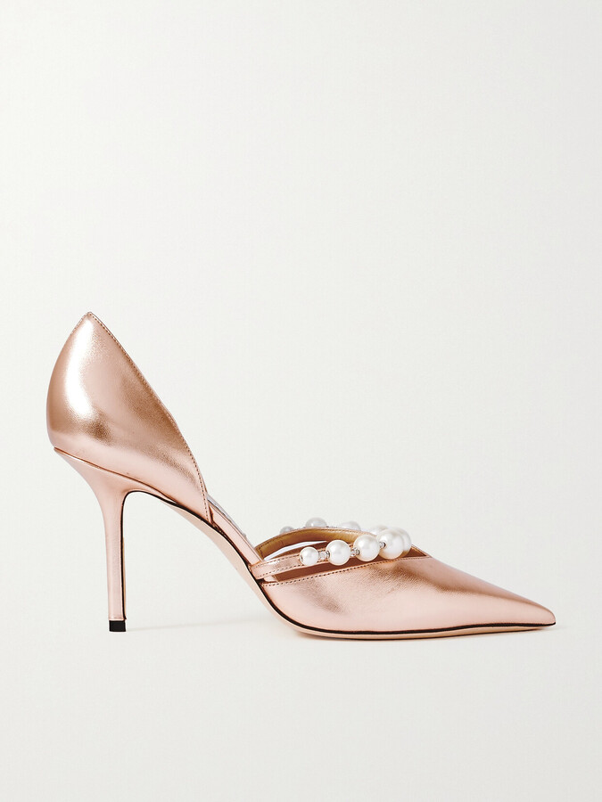 Jimmy Choo Aurelie 85 Faux Pearl-embellished Metallic Leather Pumps - Pink