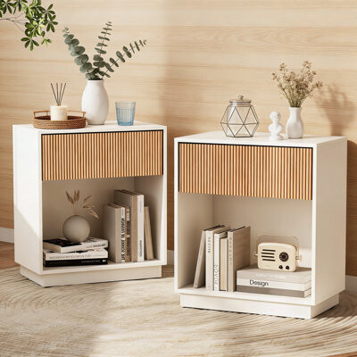 East Urban Home Fluted Nightstands Set Of 2 Modern Bedside Table With Drawer And Storage Shelf Wood End Table