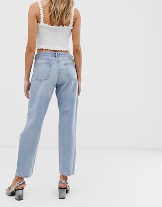 Miss Selfridge recycled denim boyfriend jeans with rips in mid wash