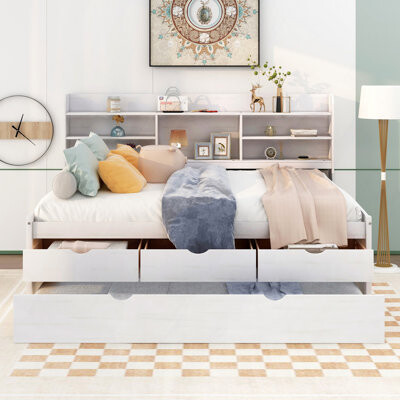 Lark Manor Full Size Wooden Captain Bed With Built-In BookshelvesThree Storage Drawers And Trundle
