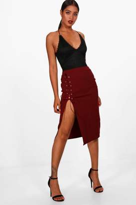 boohoo Crepe Extreme Lace Up Slit Column Midi Skirt