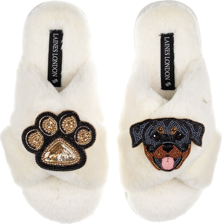 Laines London Neutrals / White Classic Laines Slippers With Paw & Rottweiler Brooches - Cream