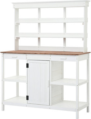 Large Outdoor Farmhouse Wooden Potting Bench Table, Garden Workstation with 2 Drawers, Cabinet, and Open Shelves for Backyard, Mudroom