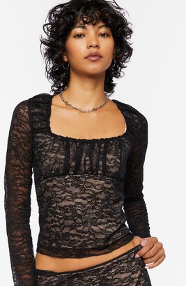 Forever 21 Women's Shirred Floral Lace Top in Black/Nude Small - ShopStyle