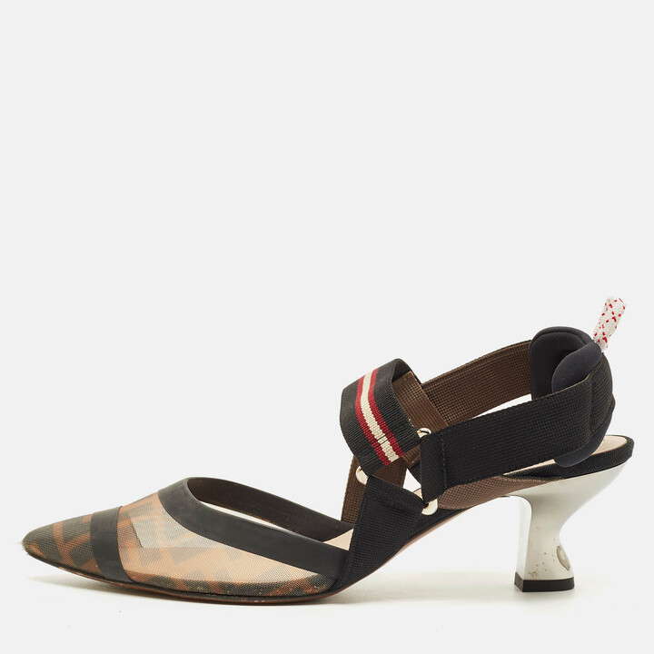 Fendi Colibri Size 38 Black/Brown Zucca Mesh Slingback Pumps