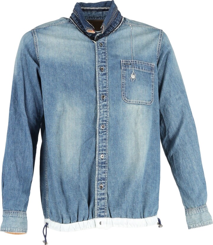 Sacai Dr. Woo Embroidered Shell and Grosgrain-Trimmed Shirt in Light Blue Denim