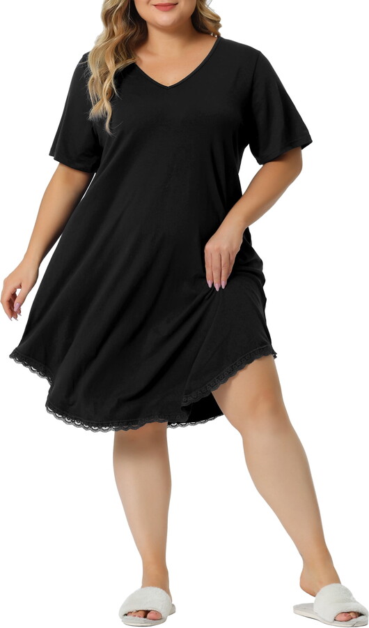 Unique Bargains Women’s Plus Size V Neck Lace Trim Hem Loose Nightgown Sleepwear Pajamas 3X Black