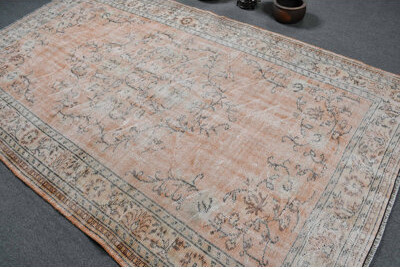 Bungalow Rose Floral Patterned Vintage Turkish Rug in Soft Muted Peach Tones for Elegant Home Decoration Beige/Orange