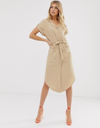 Parallel Lines soft utility shirt dress with tie waist in beige