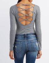 Thumbnail for your product : Charlotte Russe Striped Lattice-Back Bodysuit