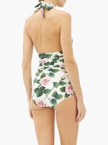 Thumbnail for your product : Dolce & Gabbana Halterneck Ruched Rose-print Swimsuit - White Print
