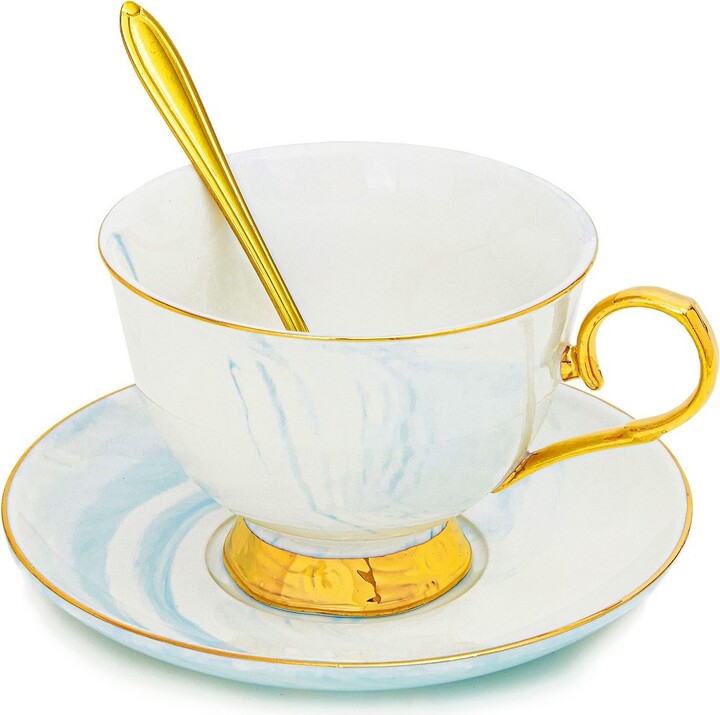 Juvale 3Piece Blue Marble Tea Cup and Saucer Gift Set for 1, 7 oz