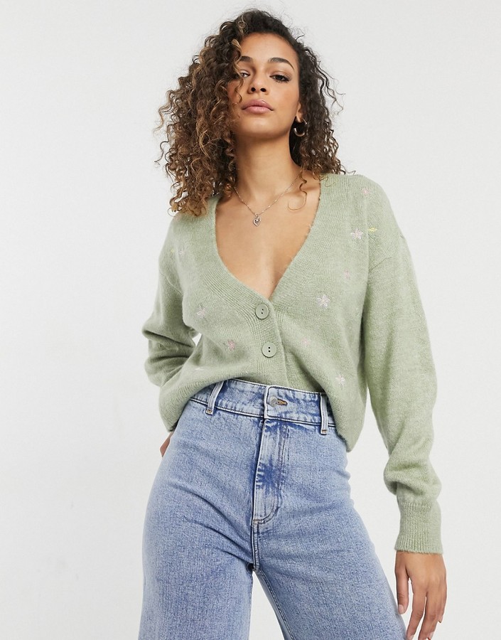 Only cardigan with floral embroidery in sage green - ShopStyle