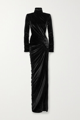 Alexandre Vauthier Ruched Crystal-embellished Stretch-velvet Turtleneck Gown - Black