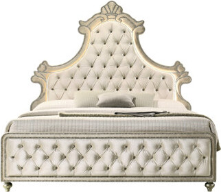 Beige Velvet Led Bed - Headboard With & 5 Slats 660lbs Weight Capacity 8-10" Mattress Suggestion Padded Included