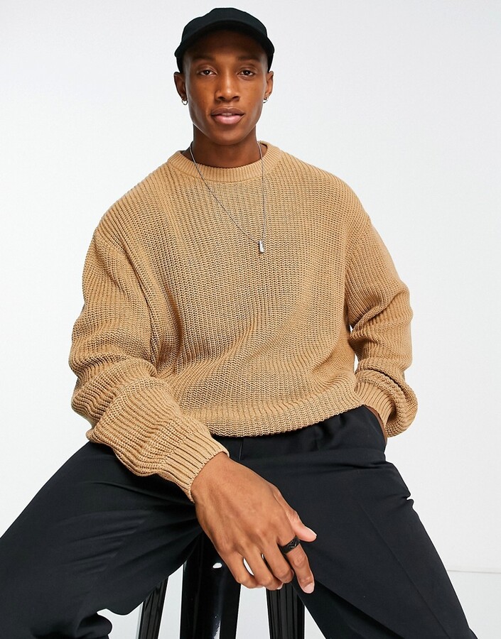 ASOS DESIGN knit oversized fisherman ribbed sweater in light brown -  ShopStyle