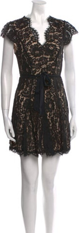Joie A-Line Dress Black Lace Pattern Lace, Fringe & Scalloped Accents Short Sleeve with V-Neck Concealed Zip Closure at Side Designer