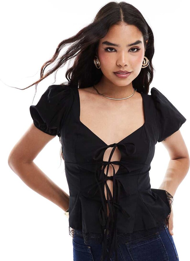 ASOS DESIGN tie front blouse with mini puff sleeve in black