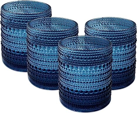 UPZAI 12oz Vintage Drinking Glasses Set of 4, Kitchen Glassware Old Fashioned Glass Cups, Aesthetic Water Cups for Beside Beverage Juice Coffee Beer Cocktail Whiskey (Blue)