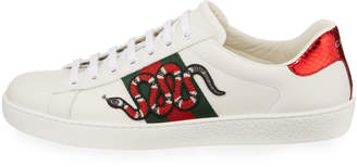 Gucci New Ace Men's Snake Sneakers, White