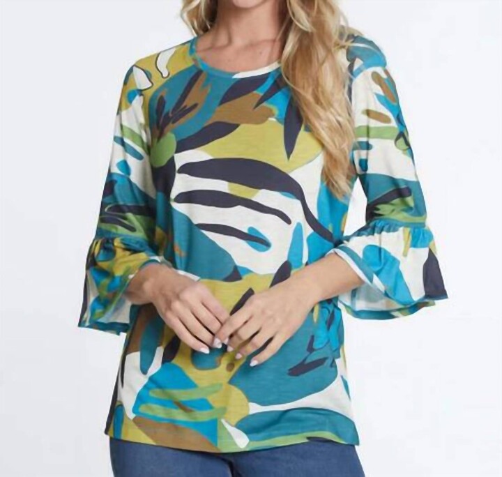 Multiples 3/4 Flounce Sleeve Top In Leaf Print