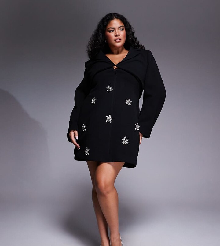 ASOS Luxe Curve structured tailored embellished long sleeve dress in black