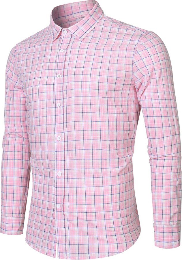 Elegancity Mens Shirts Long Sleeve Checked Smart Casual Cotton Business Formal Dress Shirt