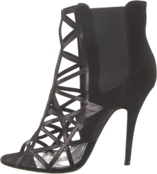 Givenchy Leather Ankle Lace-Up Boots Black Suede Trim Peep-Toes with Cutout Accent Designer