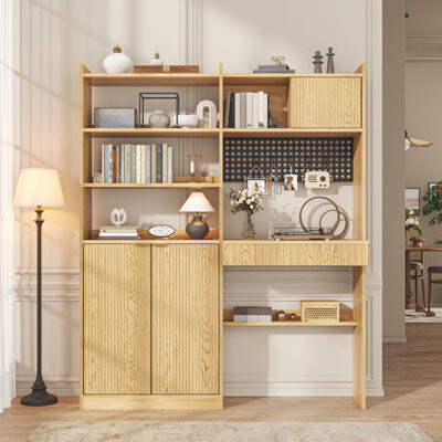 Bookshelf With Door & Drawer, 6 Tier Wooden Bookcase With Led Light & Power Outlets, Large Wide Book Shelf With Storage Cabinet, Floor Standing Displa