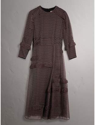 Burberry Long-sleeve Ruffle Detail Spot Print Silk Dress