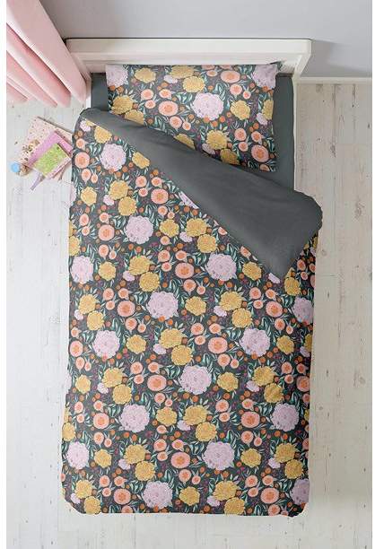 Where The Polka Dots Roam Vintage Floral on Gray Duvet Cover Twin Size Bedding Yellow and Coral Flowers Seafoam Teal Grey with Pink 