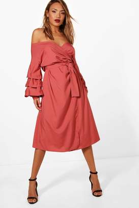 boohoo NEW Womens Kat Ruched Sleeve Midi Wrap Dress in Polyester