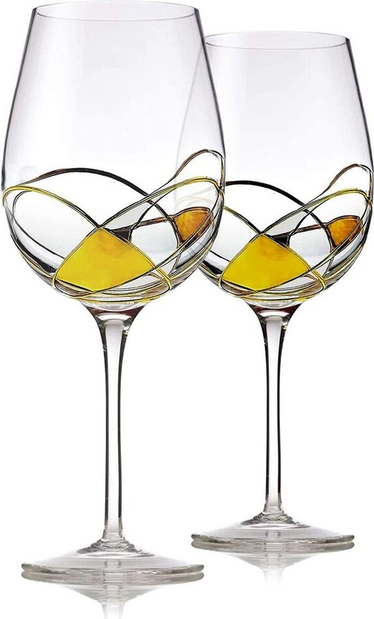 Alice Pazkus Set Of 2 Wine Glasses With Gold Mosaic Design