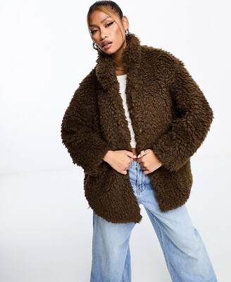 Qed London PU longline coat with faux fur trims in black - ShopStyle