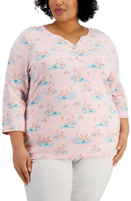 Karen Scott Plus Size Flamingo Henley Top, Created for Macy's