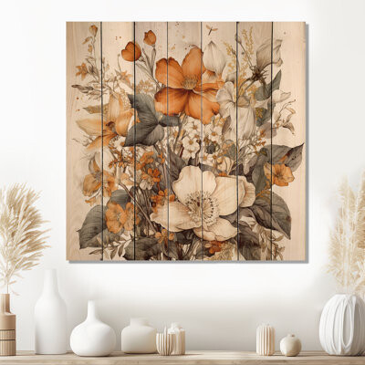 Red Barrel Studio Cream And Orange Flowers Bouquet Interpretation II On Wood Print