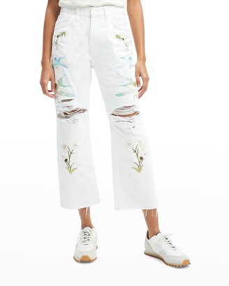 Embroidered Straight-Leg Distressed Cropped Jeans