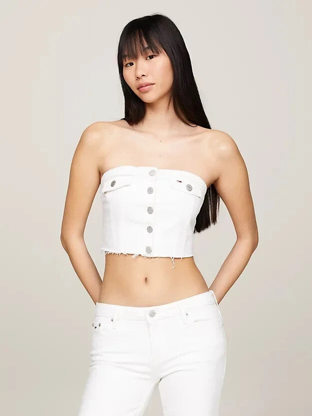 Tommy Hilfiger Women's Tommy Jeans Bustier Top White Denim Off the Shoulder Cropped FTS1297
