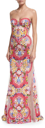 Naeem Khan Strapless Embroidered Illusion Gown, White/Multi